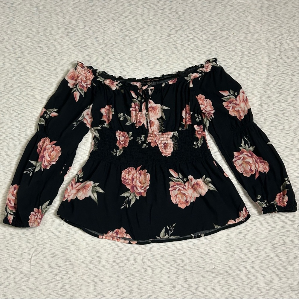 Almost Famous Black Floral Off Shoulder Smocked Waist Blouse Boho Romantic Sz S
